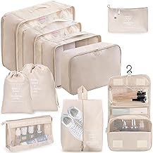 Organisateur Valise, Lot de 10 Rangement Valise, Organisateur de Valise, Organiseurs de Bagage, Rangement Valise Organisateur, Packing Cubes Imperméable per Vêtements,Chaussures et Cosmétiques(Beige)