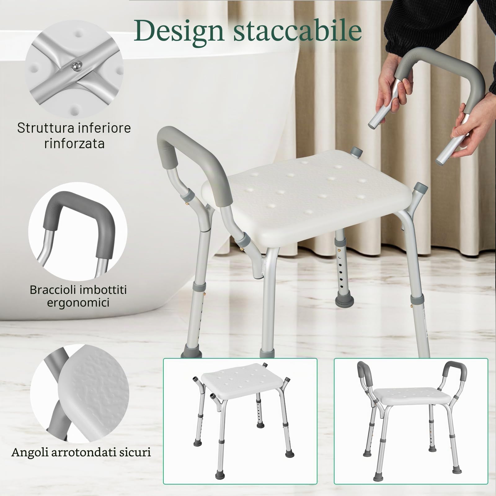 HOMASIS Sgabello da doccia regolabile in altezza in 6 nilveles, panca da doccia in alluminio con braccioli imbottiti rimovibili e piedini in gomma antiscivolo, per anziani, 59 x 34 x 54 – 67 cm,