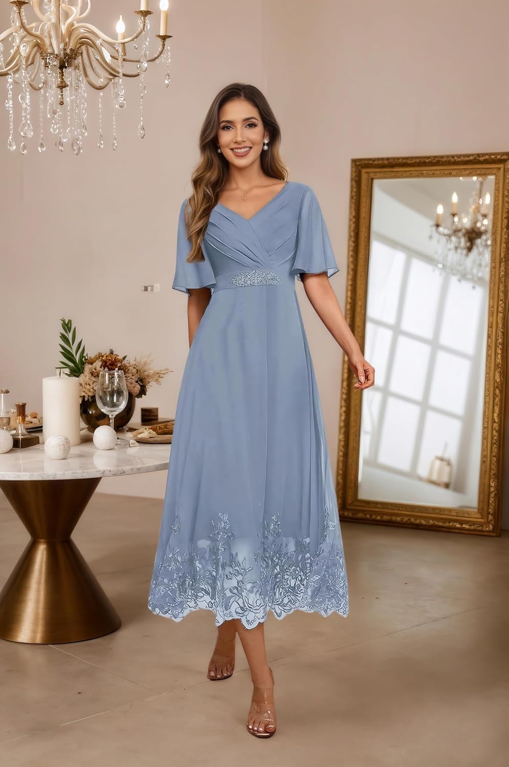 Short Sleeve Mother of Bride Dresses Chiffon Formal Evening Dresses for Women Tea Length V-Neck Lace Beaded Formal Dresses