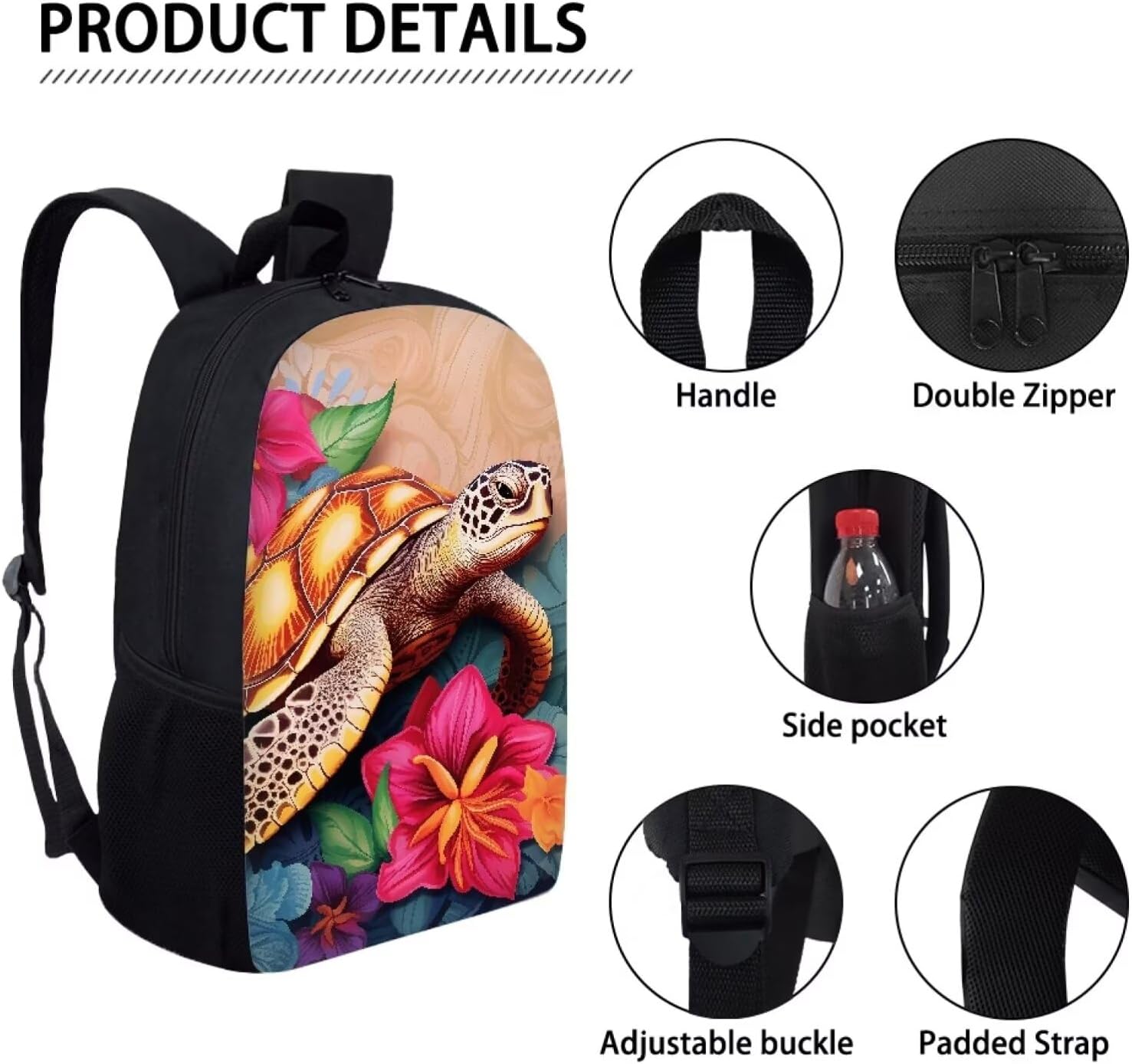3 In 1 Turtle Tropical Plumeria Flower Backpack for Girls 17 Inch Large Capacity Girls Bookbag with Lunch Box Lightweight Teens School Bags 8-10 Years for Back to School Travel Knapsack