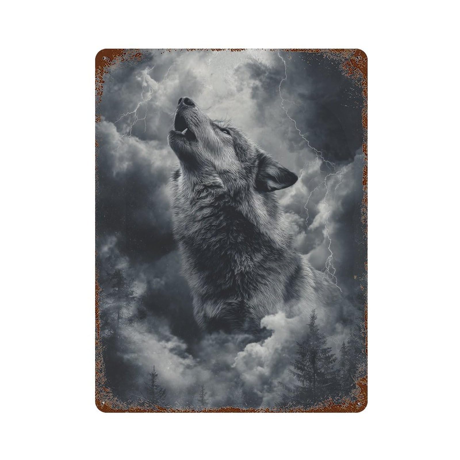 Wolf Howling at Moon Rust Effect Tin Sign 15.7"x11.8", Rustic Home Decor for Garage, Pub Or Kitchen
