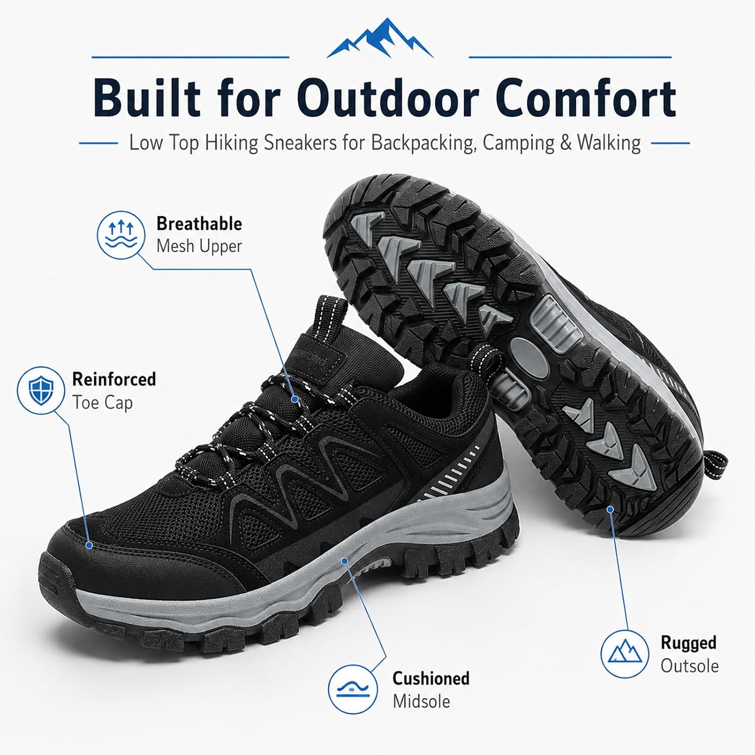 Men's Hiking Shoes Lightweight Breathable Walking Sneakers Comfortable Non Slip Outdoor Trekking Shoes for Backpacking Camping Trail Walking