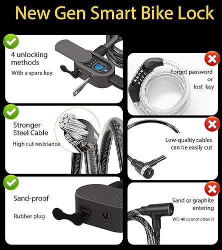 Miniatura 2 de eLinkSmart - Candado de cable para bicicleta de huellas dactilares, 59 pulgadas, impermeable, resistente, eléctrico, inteligente, con aplicación de