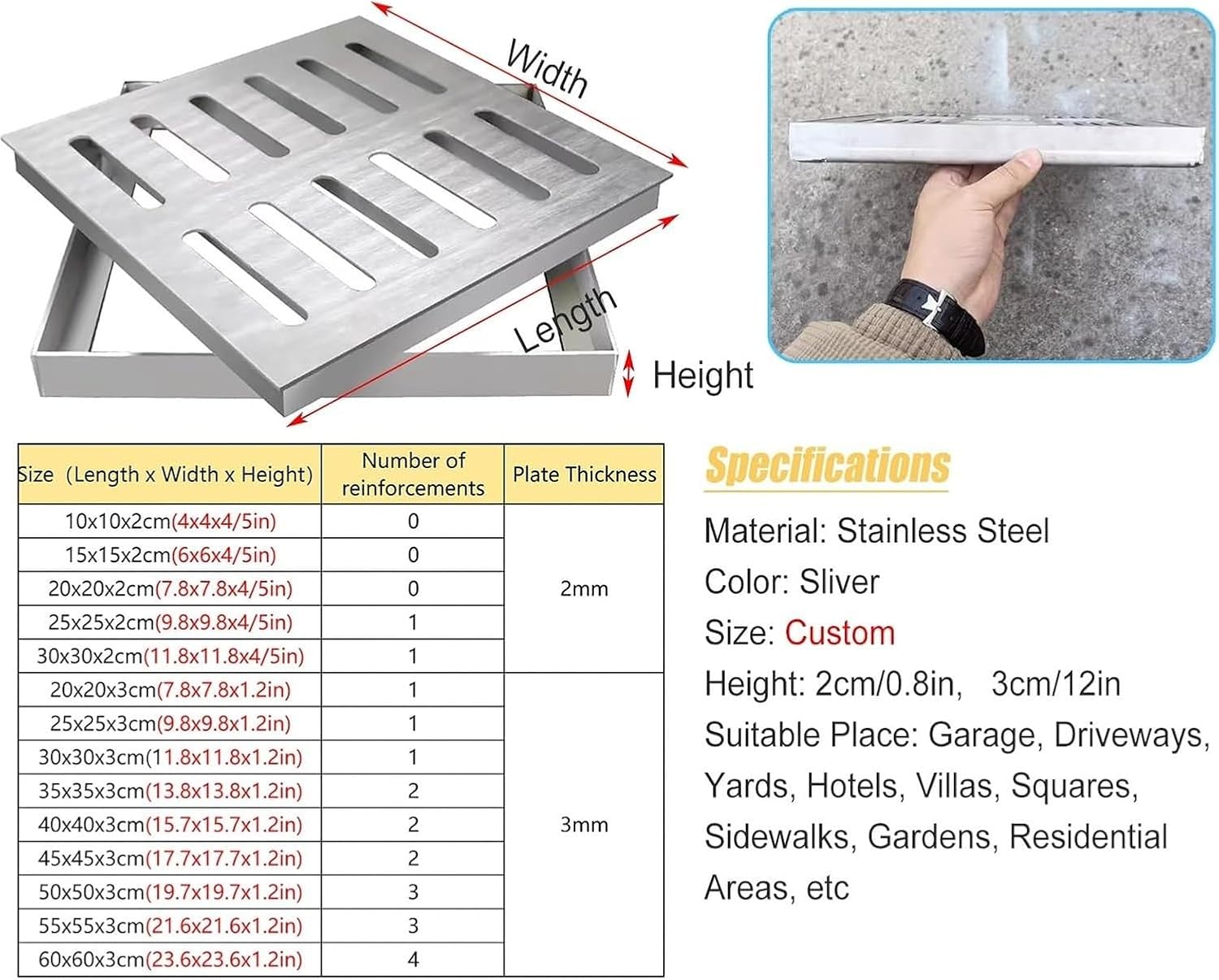 Heavy Duty Metal Drain Grate Cover 12x12 14x14 18x18 22x22 Inch Stainless Steel Drain Strainer Plate for Garage Sewer Catch Basin Outdoor Yard 25x25, 20x20x2cm(7.8x7.8x4/5in), 20x20x2cm(7.8x7.8x4/5in)