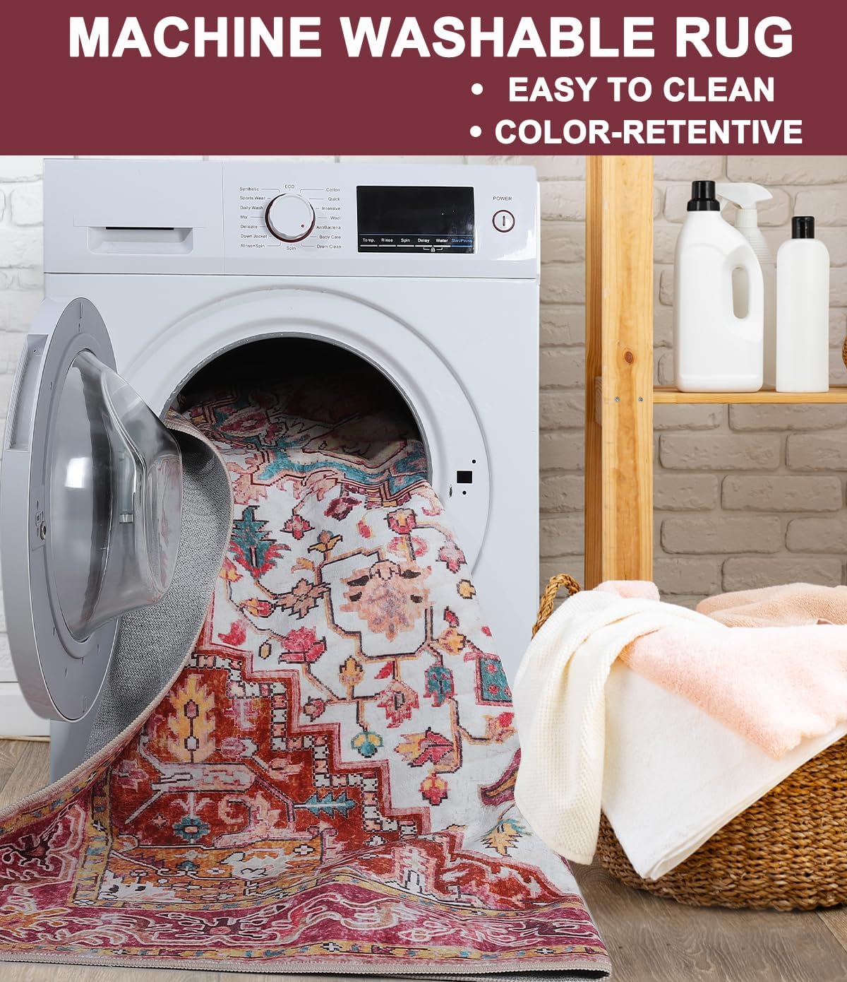 Washable Area Rugs3x5, Low Pile Super Soft Carpet, Vitnage Distressed Rug for Bedroom, Living Room, Dining Room, Non-Slip, Low Pile, Blue, Plum