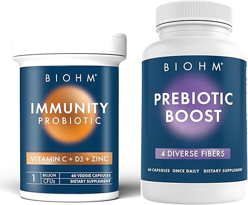 BIOHM Dúo probiótico y prebiótico, suplemento de fibra para la salud digestiva con inmunidad probiótico con vitaminas C, D3, zinc, apoyo esencial