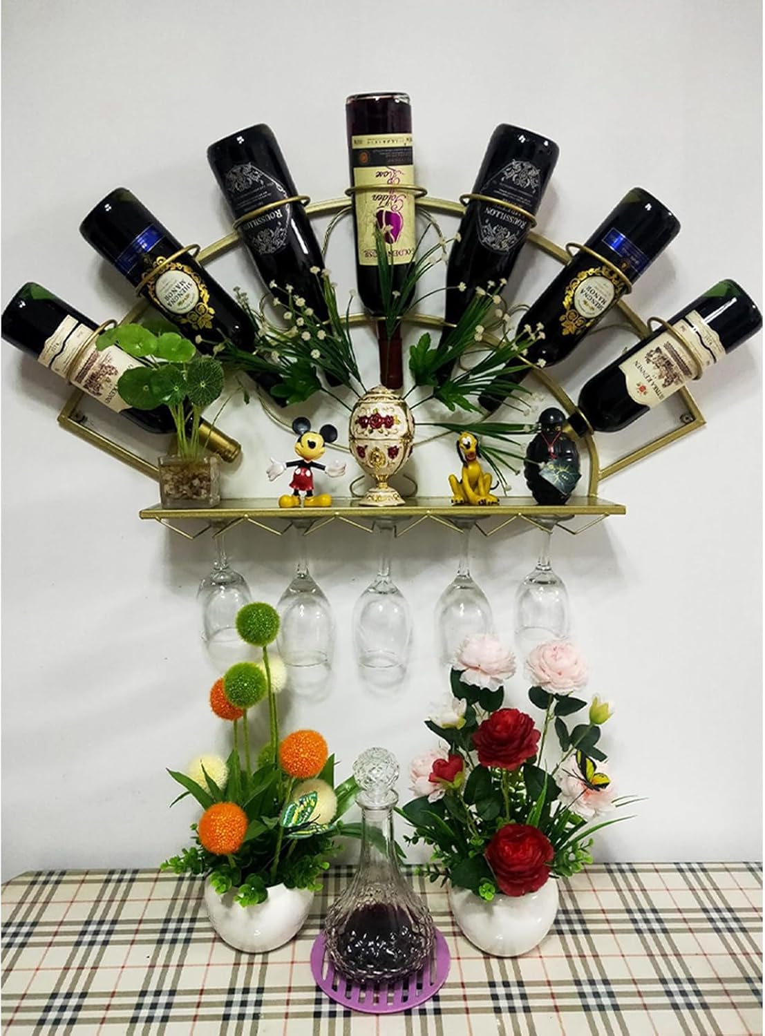 Simple Home Wall Mounted Wine Rack Small Metal Bar Shelf Stand for Liquor On Wall Shelf with Wine Glass Rack with Wine Glass Rack Wall Wine Racks,for Kitchen Living Room(Gold)