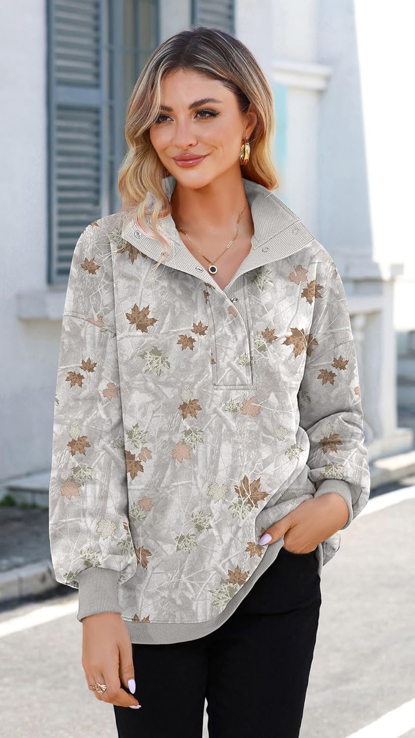 Soesdemo Oversized Sweatshirts for Women No Hood Mock Neck Fleece Lined Waffle Long Sleeve Button Pullover Tunic Sweatshirt - Image 3