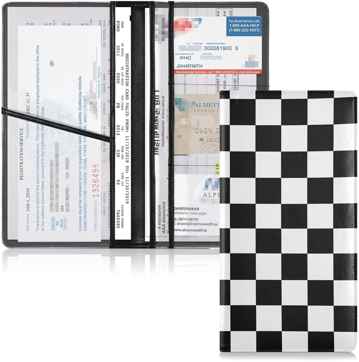 ALAZA Car Registration and Insurance Card Holder Black White Checkered Vehicle Glove Box Automobile Documents Paperwork Waller Case Organizer