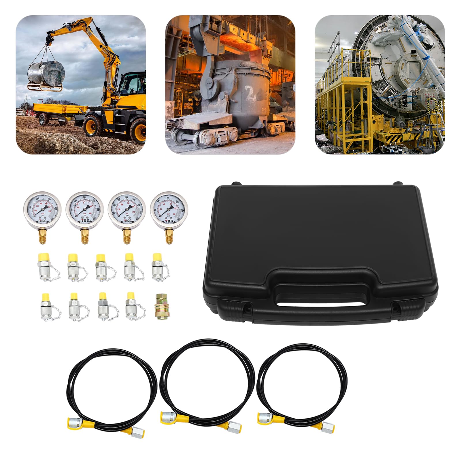 Hydraulic Pressure Test Kit, 4 Gauges 100/250/400/600bar 1500/3750/6000/9000psi, 9 Test Couplings, 3 Test Hoses with Carrying Case for Excavator Construction Machinery