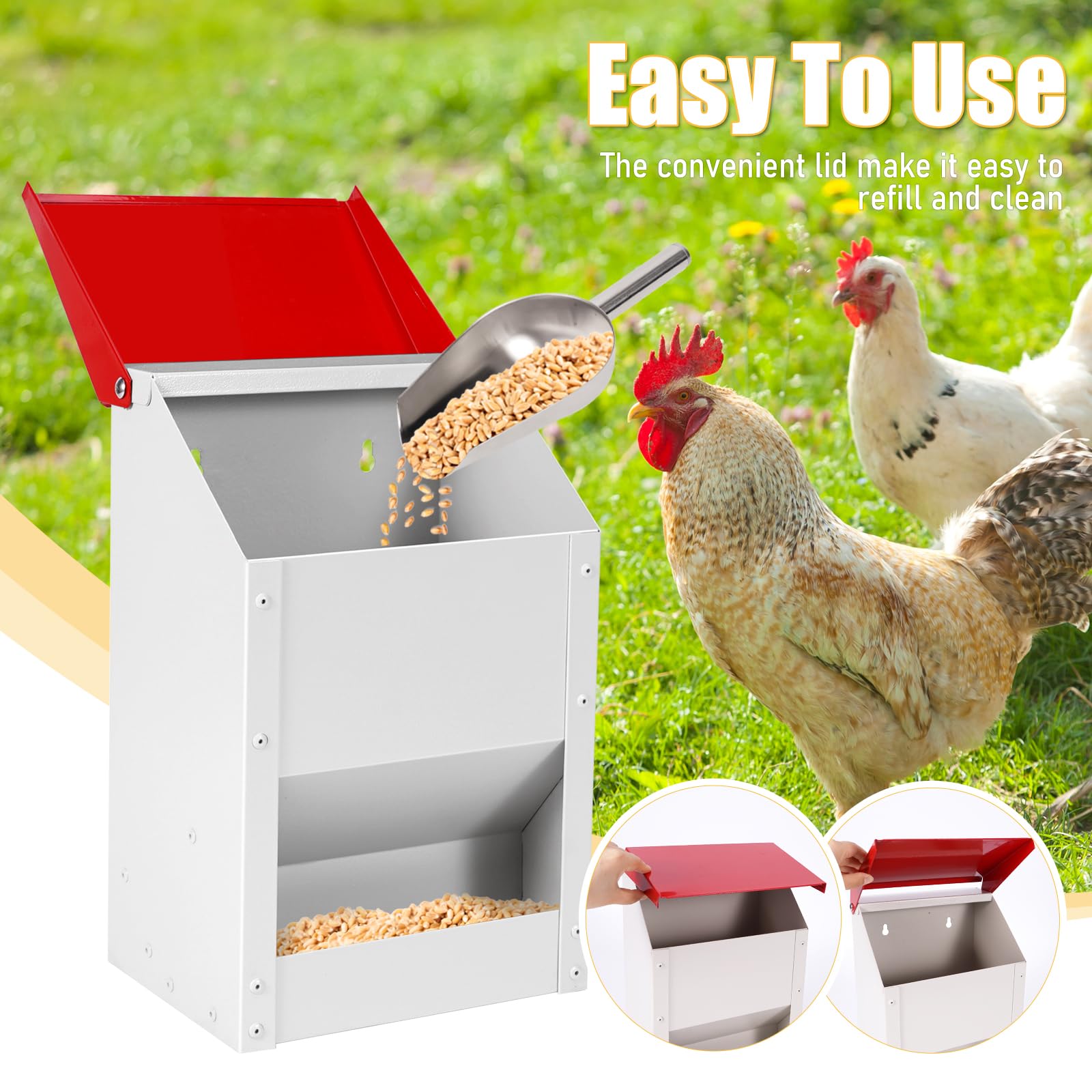 Automatic Chicken Feeder 10lbs Metal Chicken Feeder No Waste Wall Mounted Poultry Feeder Trough with Scoop for Chickens Ducks Quail Geese Pet - image 5