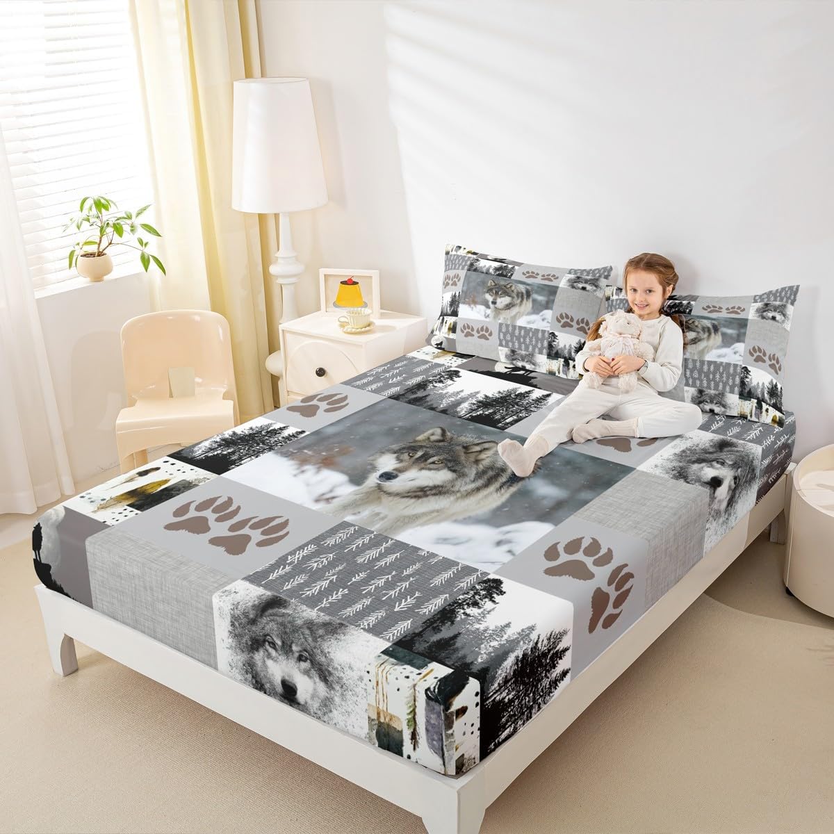 Manfei Wolf Kids Fitted Sheet Twin Size,Wolf Paws Print Pine Trees Wild Adventure Bedding Set,Boys Girls Adults Room Decor,Geometric Plaids Patchwork Bed Cover,Rustic Bed Sheet,1 Pillowcase