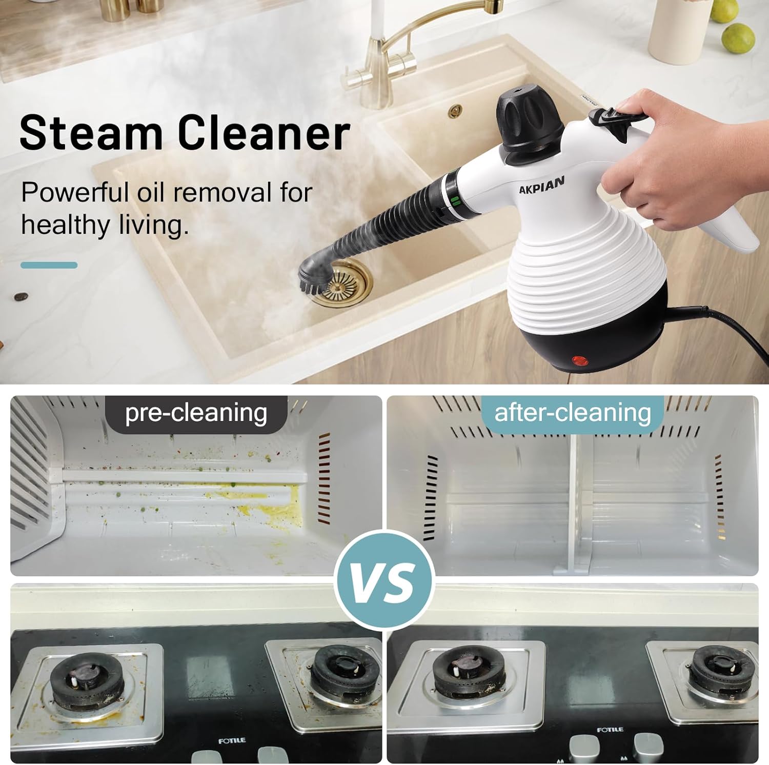 Handheld Steam Cleaner, Steamer for Cleaning, Multipurpose Portable Steam Cleaners for Home Use with Safety Lock and 10 Accessory Kit to Remove Grime, Grease, and More, Save Time and Effort