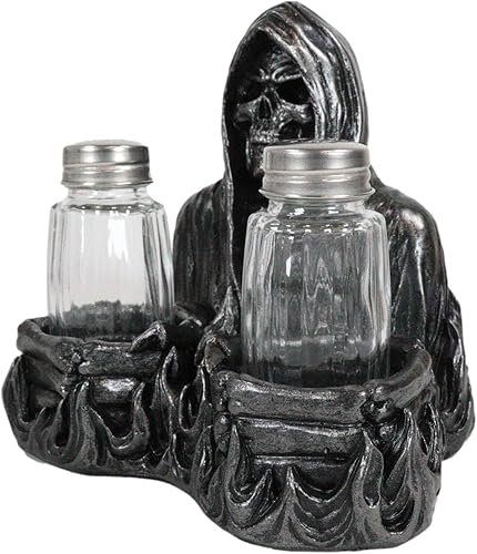 Miniatura 3 de Ebros Gift Juego de figuras góticas del Día de los Muertos, decora el alma sentada en la capucha, juego de salero y pimentero, 5.5 pulgadas de alto,