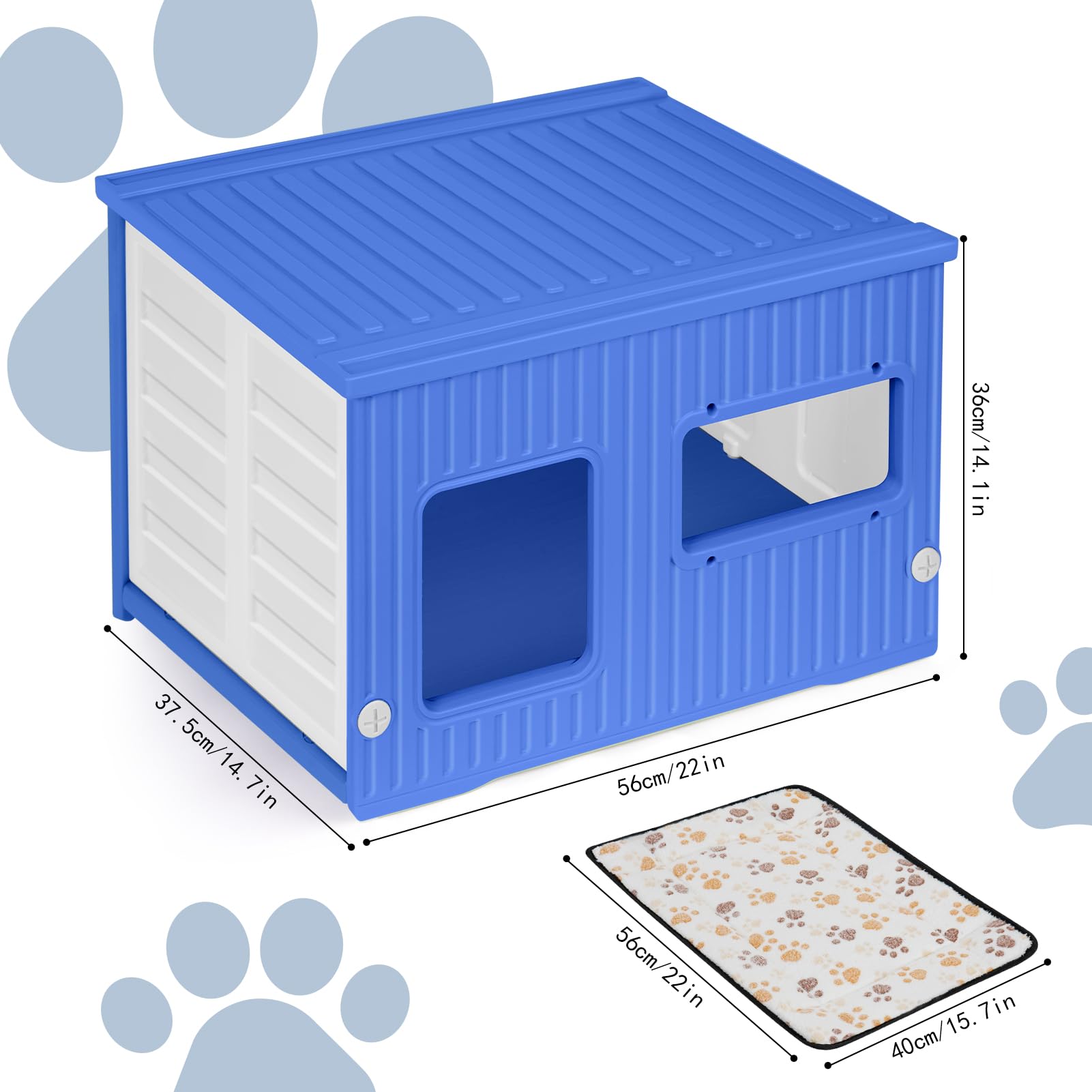 Plastic Cat House for Outdoor Indoor Use, Stackable Feral Cat Shelter Indoor Cat House Weatherproof Waterproof Elevated, with 2-Sided Cushion (Blue White)