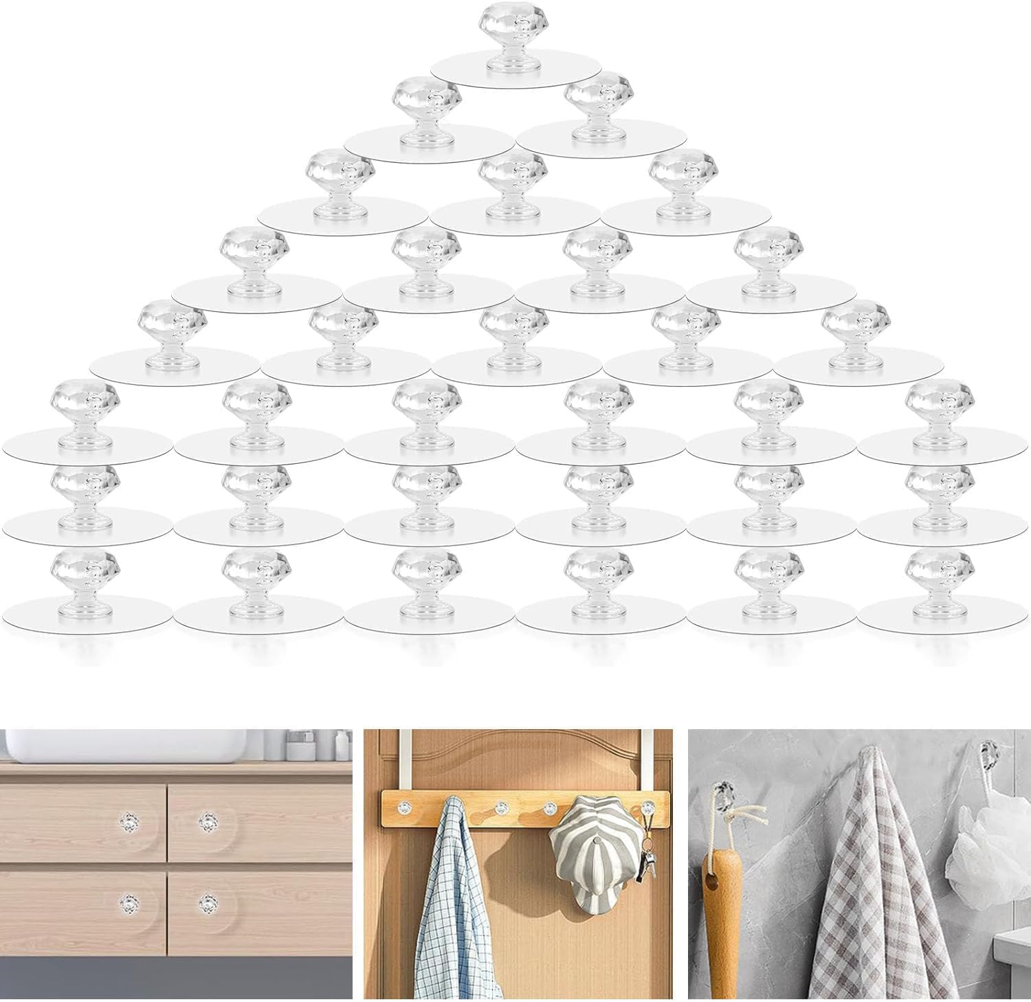 JIALTO Adhesive Clear Cabinet Drawer Knobs Hook, Diamond Crystal Shaped Pulls Handles for Wardrobe, Kitchen Cupboard, Drill Free Self-Stick Push Pull Helper Hook (Diamond Knobs, 20)