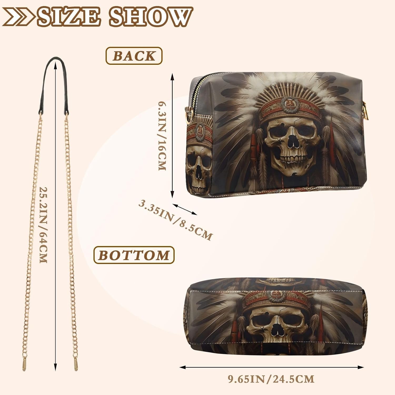 Skull Indian Women's PU Leather Crossbody Bag Shoulder Handbag Cellphone Purse with Metal Chain Strap Water Resistant Zipper Closure