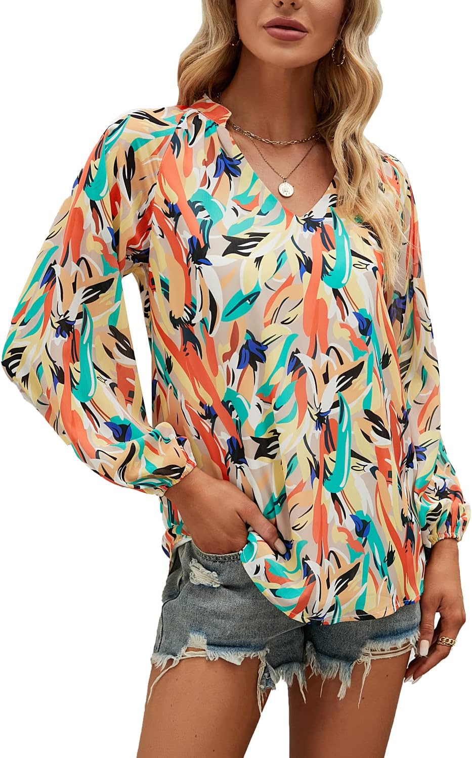 MLEBR Womens Blouses Fashion 2023 Winter Casual Long Sleeve V Neck Tops Abstract Printed Silk Blouses Tops Flowy Shirts L - Image 3