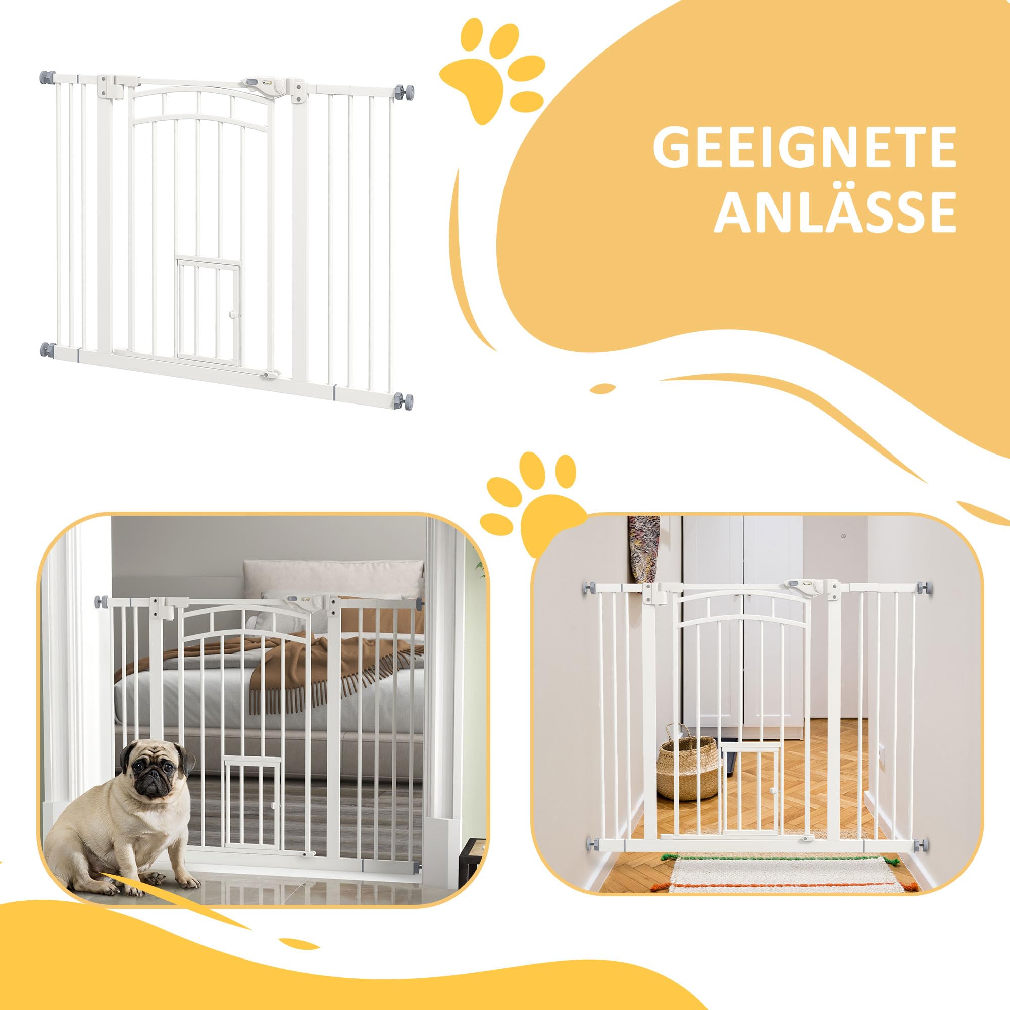 PawHut Türschutzgitter Treppenschutzgitter mit 7/14 cm Verlängerung Türgitter ohne Bohren Treppengitter für Breiten 74-100 cm Einhändiges Öffnen Stahl Weiß