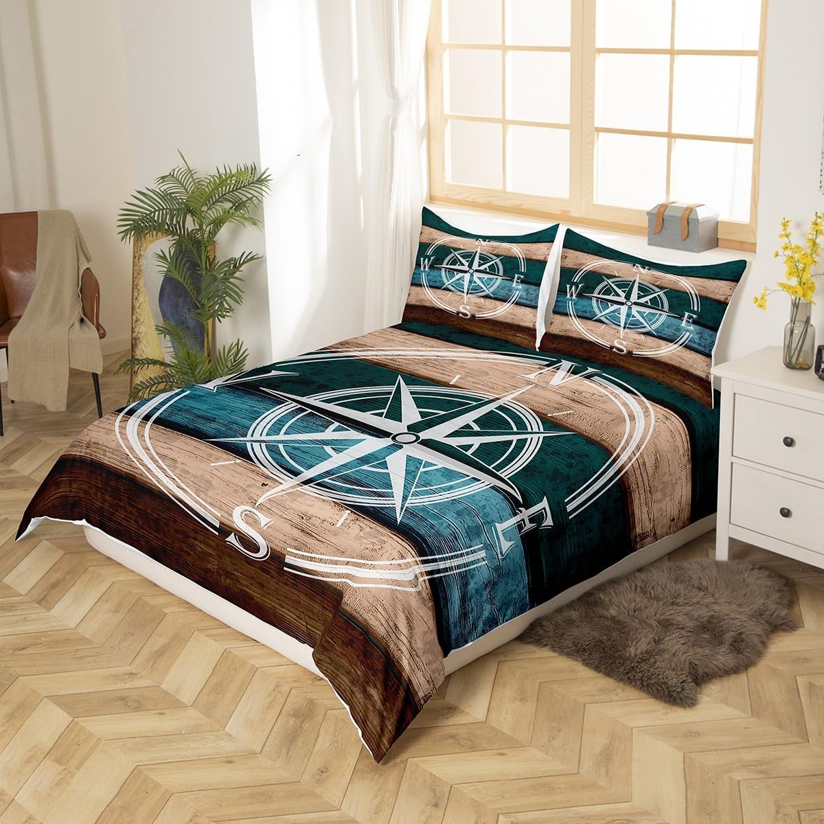 Compass Pattern Duvet Cover Set Toddler Size,Rustic Farmhouse Bedding Set for Kids Boys Girls Room Decor,Vintage Wood Comforter Cover,Country Style Quilt Cover with 1 Pillowcase(No Comforter)