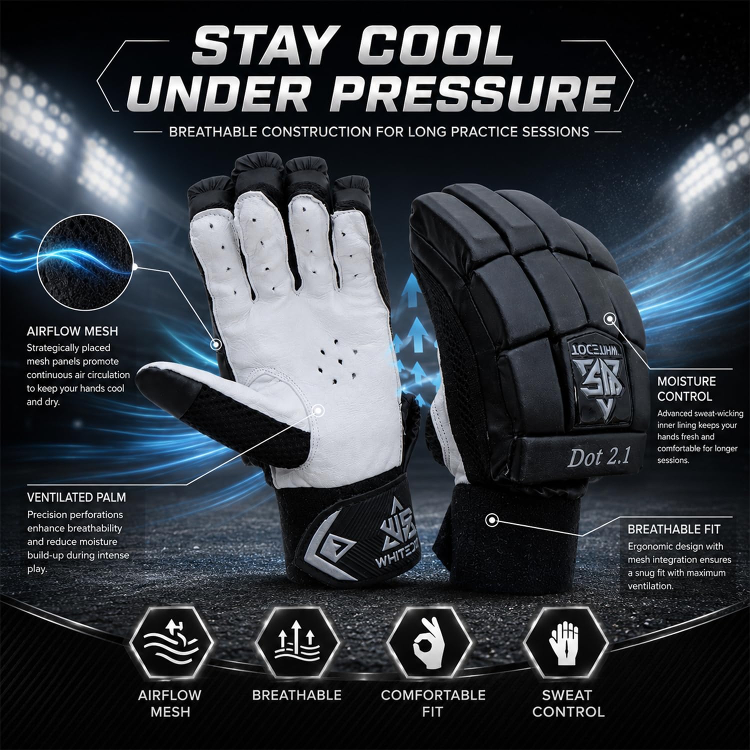 WHITEDOT Sports Dot 2.1 Cricket Batting Gloves||Suitable for Youth|Medium Left Hand||Black, Leather 4