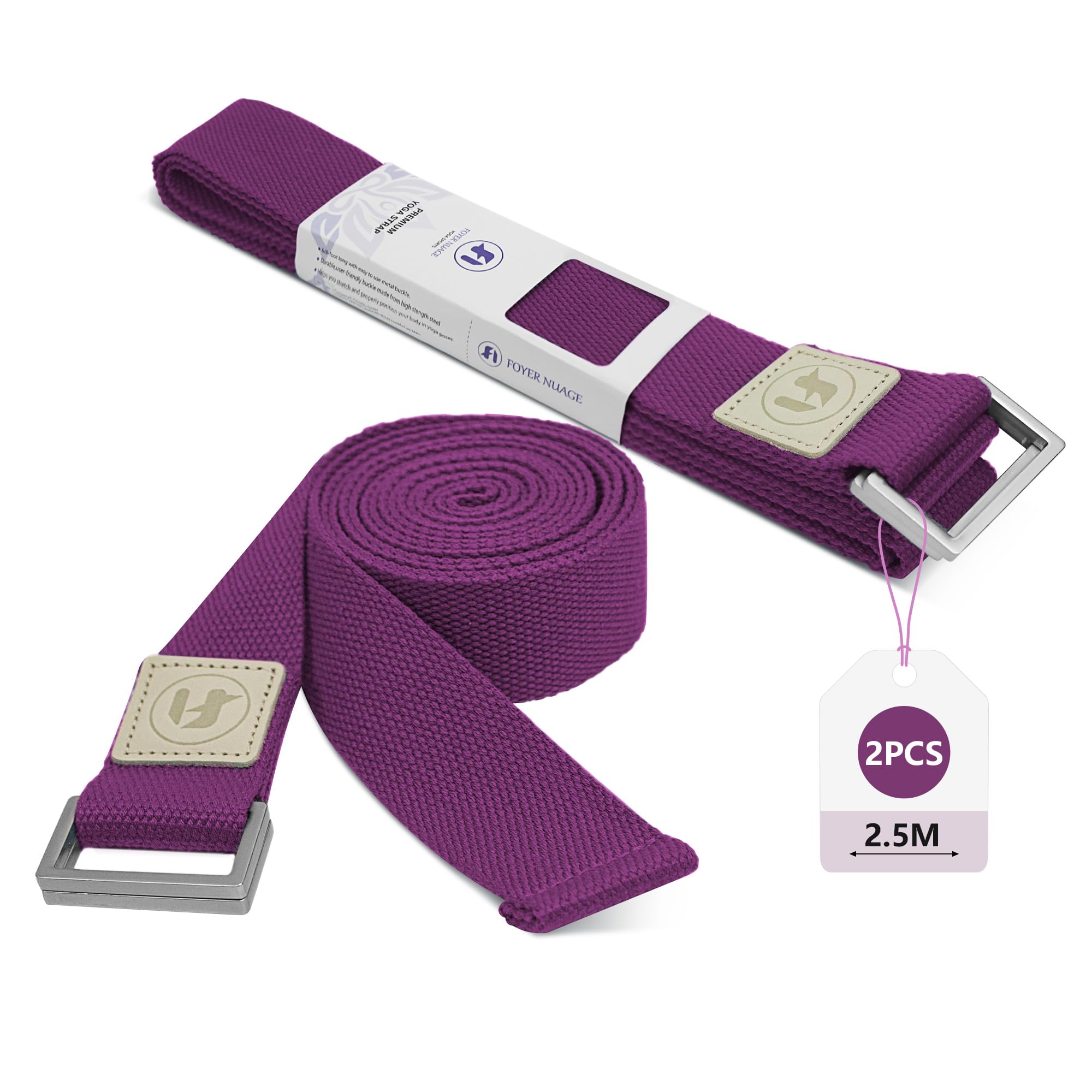 Yoga Straps 1.8M or 2.5M, Durable Cotton Yoga Straps for Stretching, Adjustable Yoga Belt Strap for Yoga, Dance, Gym Workouts (GrapePurple, 2.5M 2PCS)