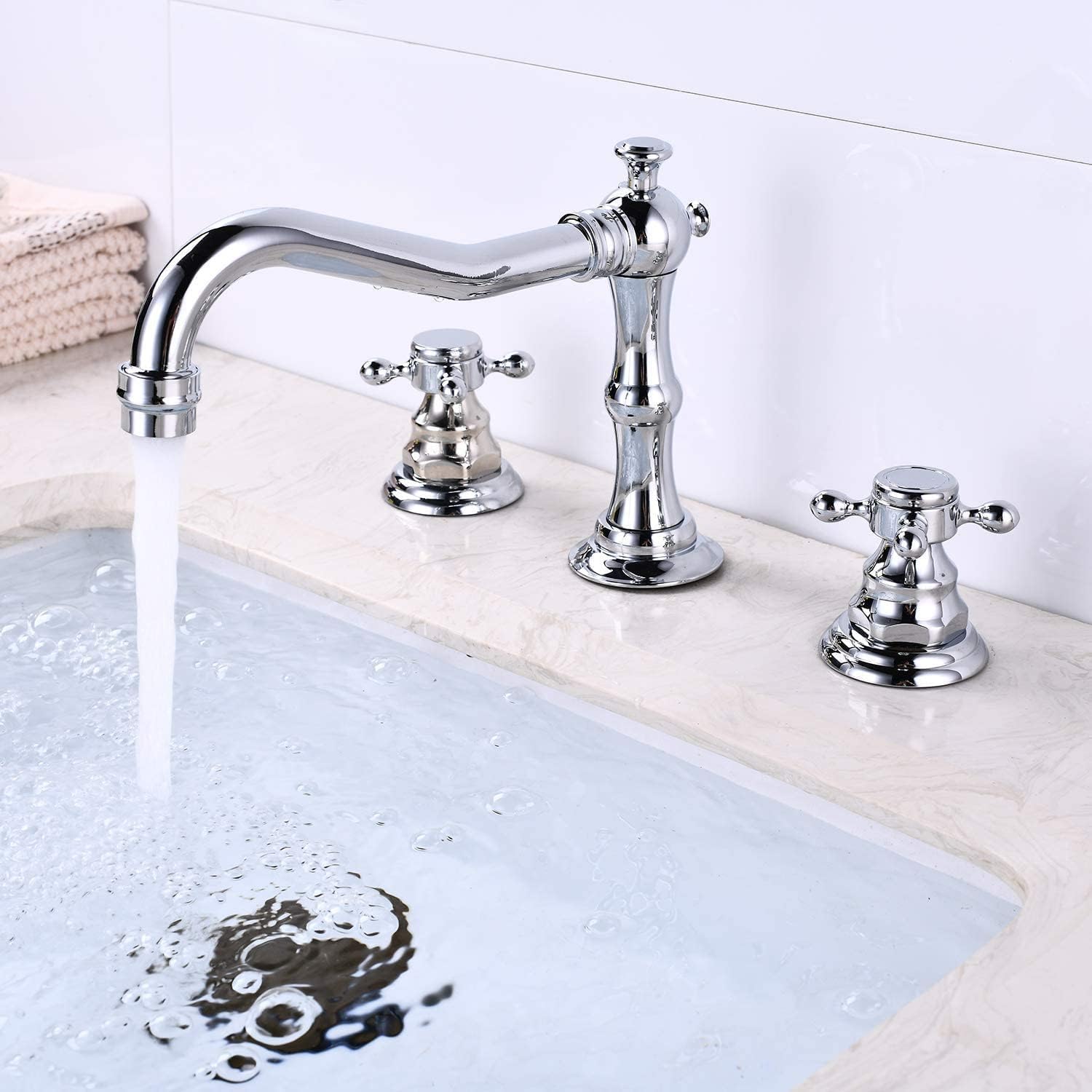 Chrome Polished Shower Fixture 8 Inch Rainfall Shower Head with Handheld Spray 3 Functions Shower Combo Set Wall Mount with Matching Chrome Polished Widespread Bathtub Faucet Three Hole Deck Mount