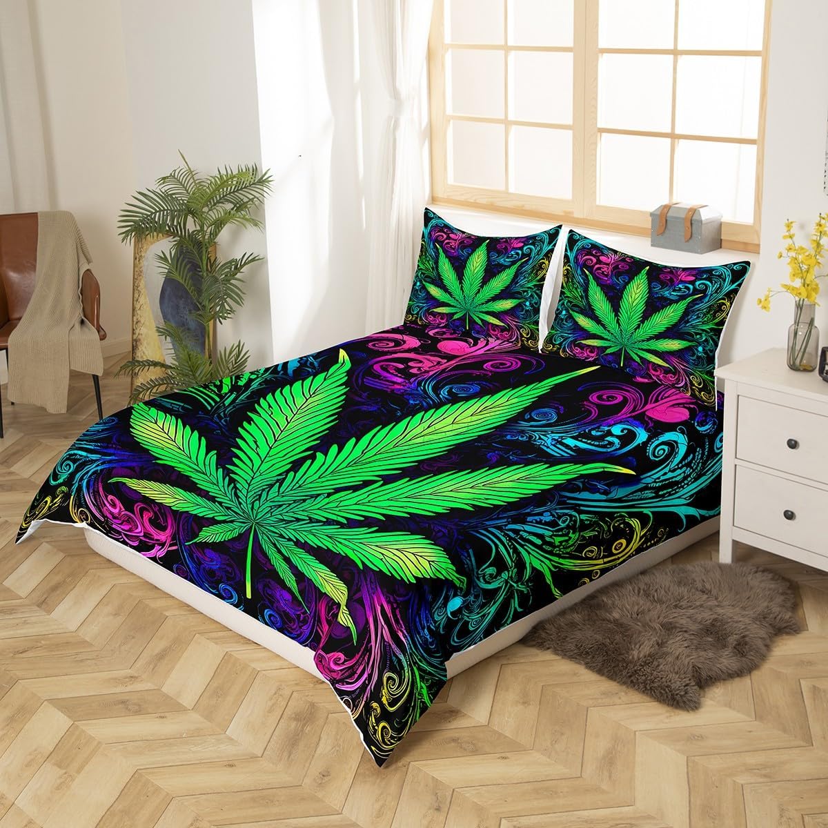 Marijuana Weed Leaf Duvet Cover Set Cannabis Comforter Covers Bedding Set with Pillow Shams Cannabis Vibrant Green Colorful Printed Bedding Duvet Cover Soft Quilt Cover Room Decor 3Pcs Queen Size
