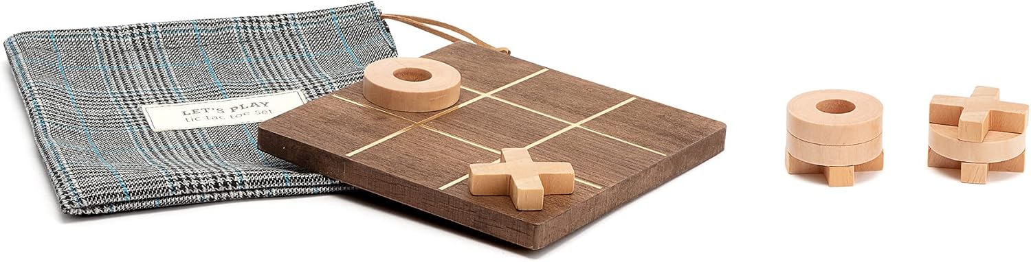 Demdaco Let's Play Tic-Tac-Toe Blue Plaid 6 x 6 Wood Travel Game Bag Set