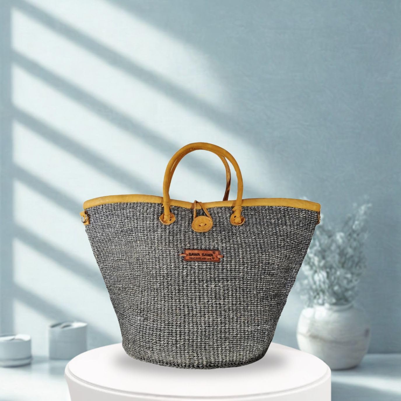 Ash Wisdom Handmade Sisal Straw Basket Tote Bag, Lightweight Market Basket with Leather Strap Handles and Button Closure, Large Straw Purse Suitable for Travel, Handmade Summer Tote Handbag for Women - Image 2