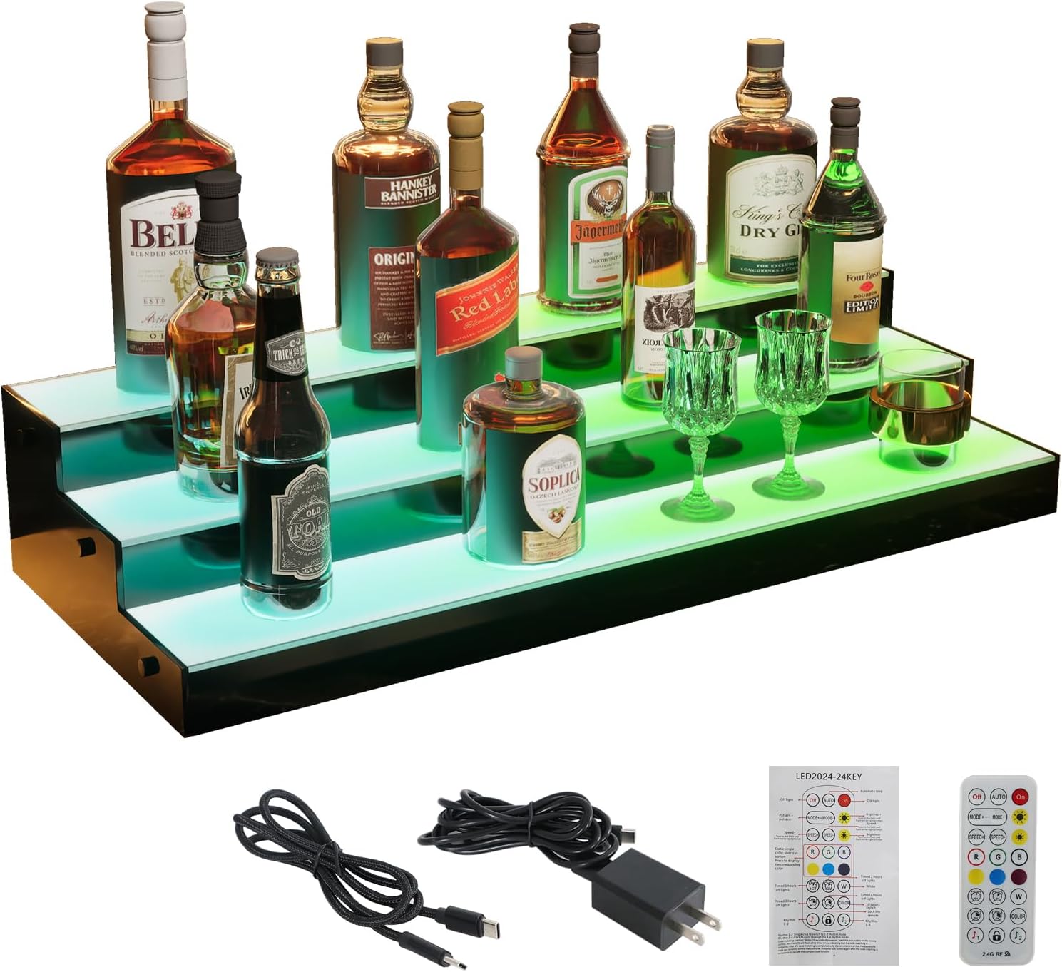 LED Lighted Liquor Bottle Display Shelf 3 Tier 24 Inch Illuminated Home Bar Shelf Display Stand with Remote and App Control Multicolor Acrylic Lighted Bottle Display for Home Commercial Bar Party