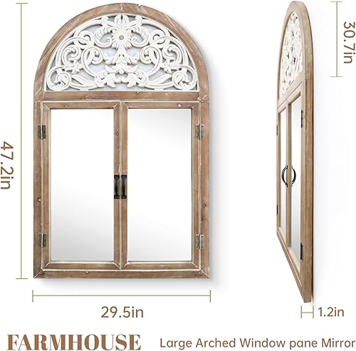 Miniatura 3 de Uaeoo Espejo de ventana arqueado, espejo de madera para decoración de pared, espejo de pared decorativo de granja grande, espejo de catedral para