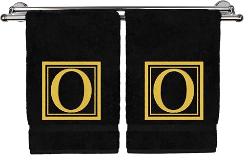 Miniatura 115 de Monogrammed Hand Towel, 16 x 30 Inches Set of 2, Personalized Gift- White Letter Embroidered with Square Design on Black Towel - Extra Absorbent