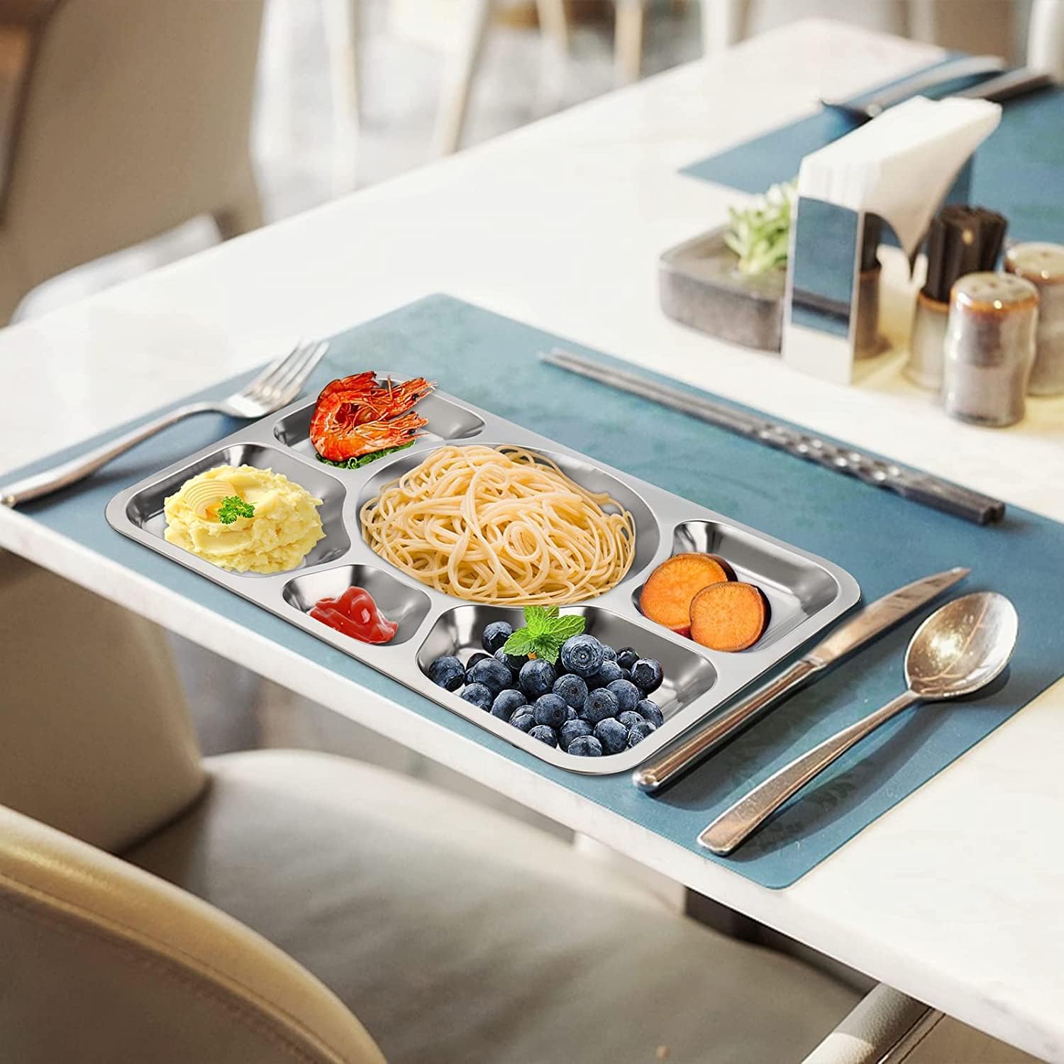 Hacaroa 4 Stück Edelstahl Geteilt Abendessen Teller, 38 x 27 cm Snack Servierplatte mit 6 Fach, Metall Lebensmittel Tabletts für Kinder, Erwachsene, Camping, Diät Portion Control