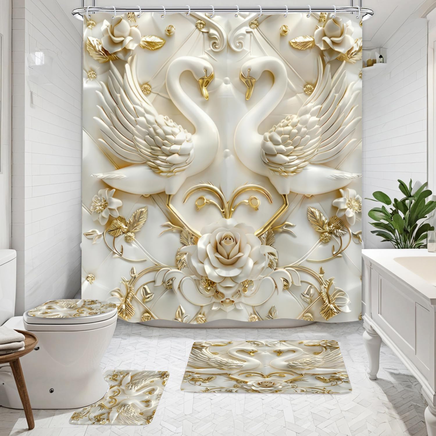 NBVKO 4Pcs White Swan Rose Reliefs Printed Shower Curtain Set with 12 Hooks Non-Slip Rugs,Toilet Lid Cover and Bath Mat, Stylish Bathroom Decor for Hotel & Home Bathroom