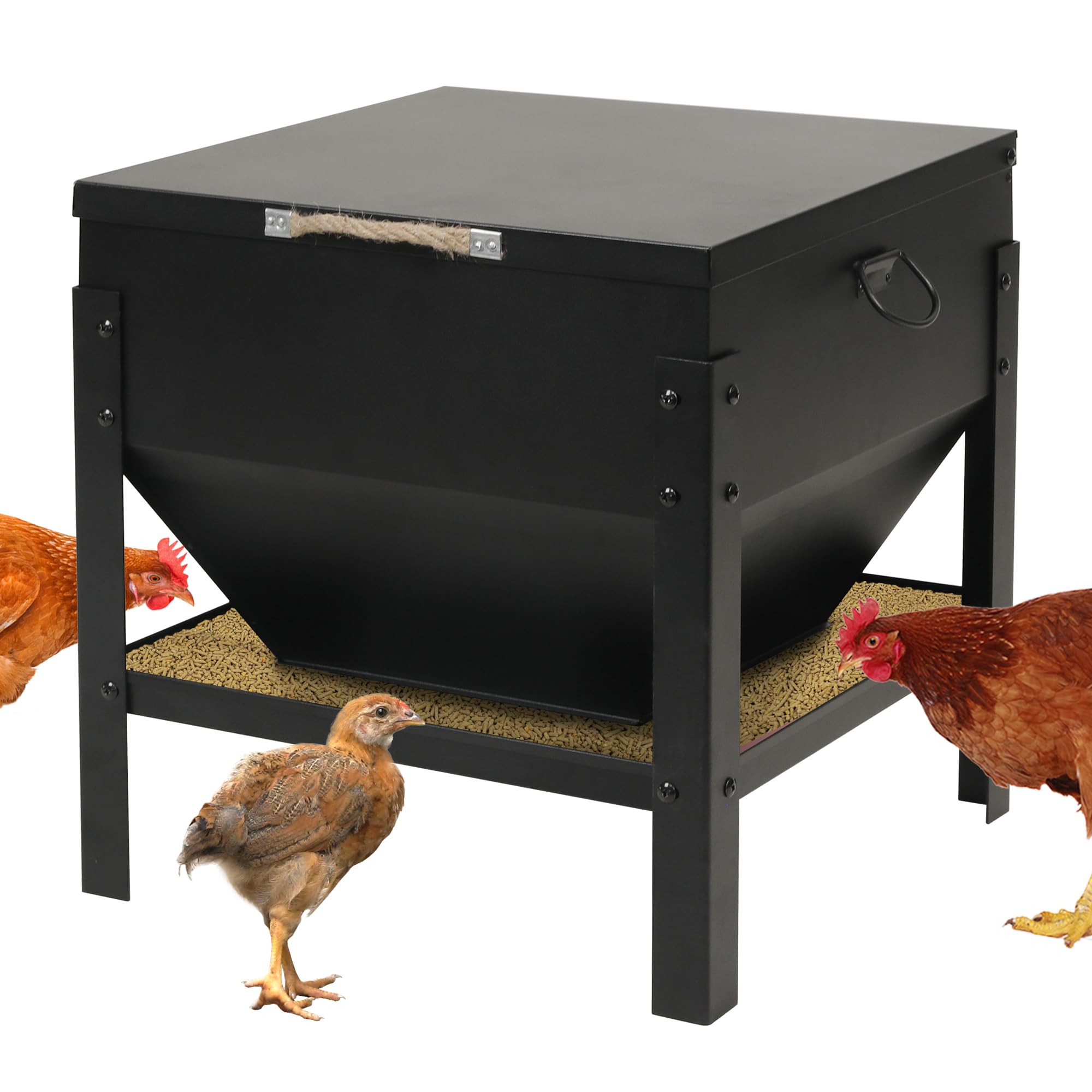 Metal Chicken Feeding Box 80-100 lbs Large Capacity Portable, No Waste Coop Poultry, Feeder Box with Galvanized Stands and Waterproof Lid for Chickens, Ducks, Geese