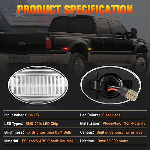 Miniatura 4 de Juego de 4 luces LED de marcador lateral para guardabarros, para cama trasera, compatible con Ford F350 F450 F550 Super Duty1999-2010