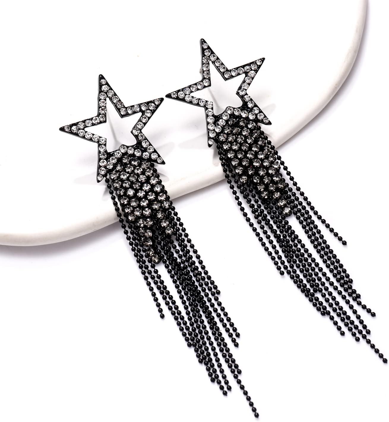 Women’s Tassel Earrings Star Ear Stud Pave Crystal Dangle Earrings Boho Waterfall Beaded Fringe Drop Earring - Image 6