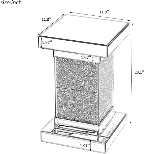 Miniatura 2 de SSLine Mesa auxiliar cuadrada con espejo con luces LED, mesita de noche con espejo, mesa auxiliar de espejo con acabado plateado para dormitorio,