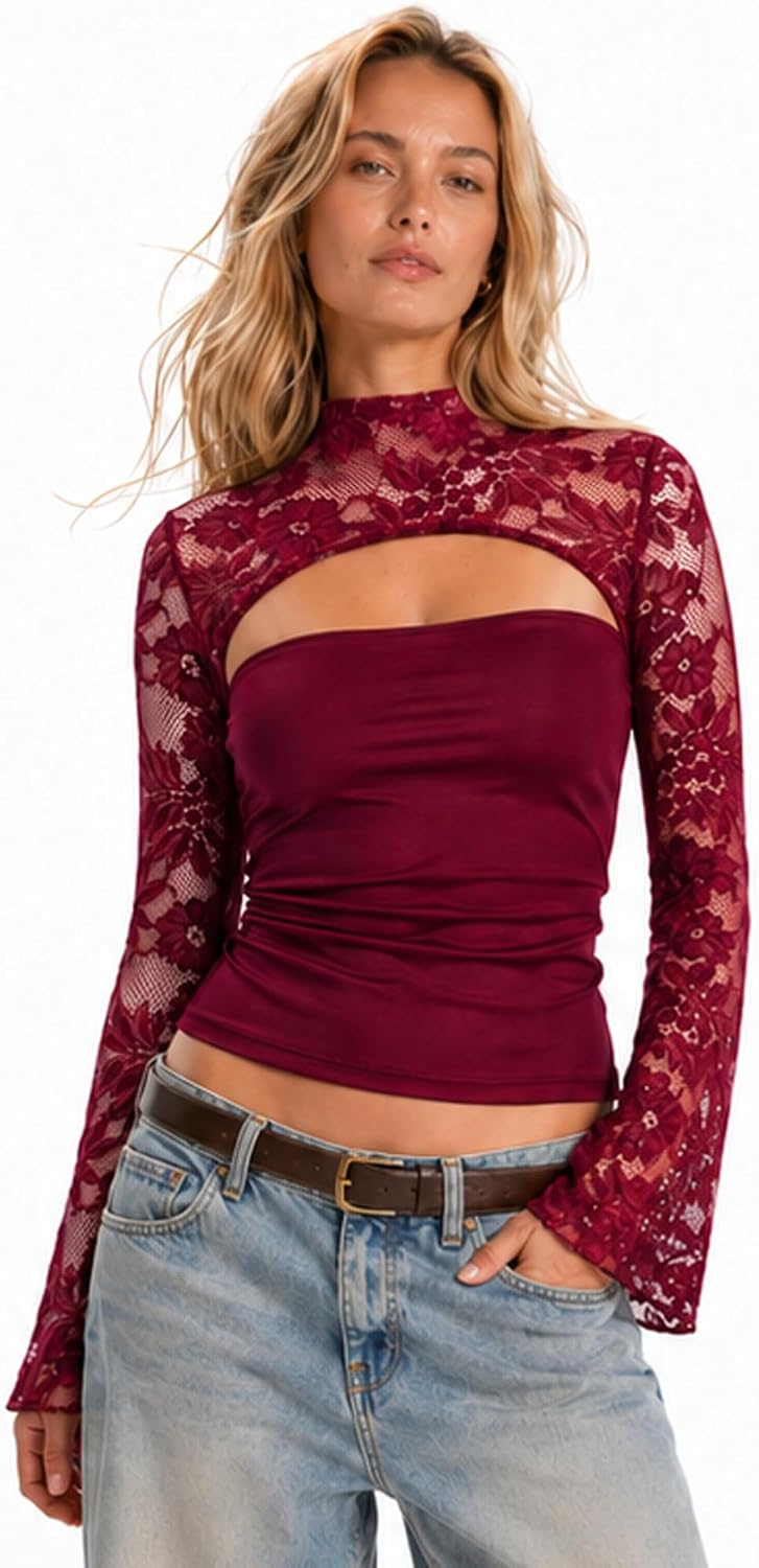 Lace Long Sleeve Going Out Tops for Women with Built-in Bra Cutout Sexy Top for Date Night Club Y2K Valentine Outfits