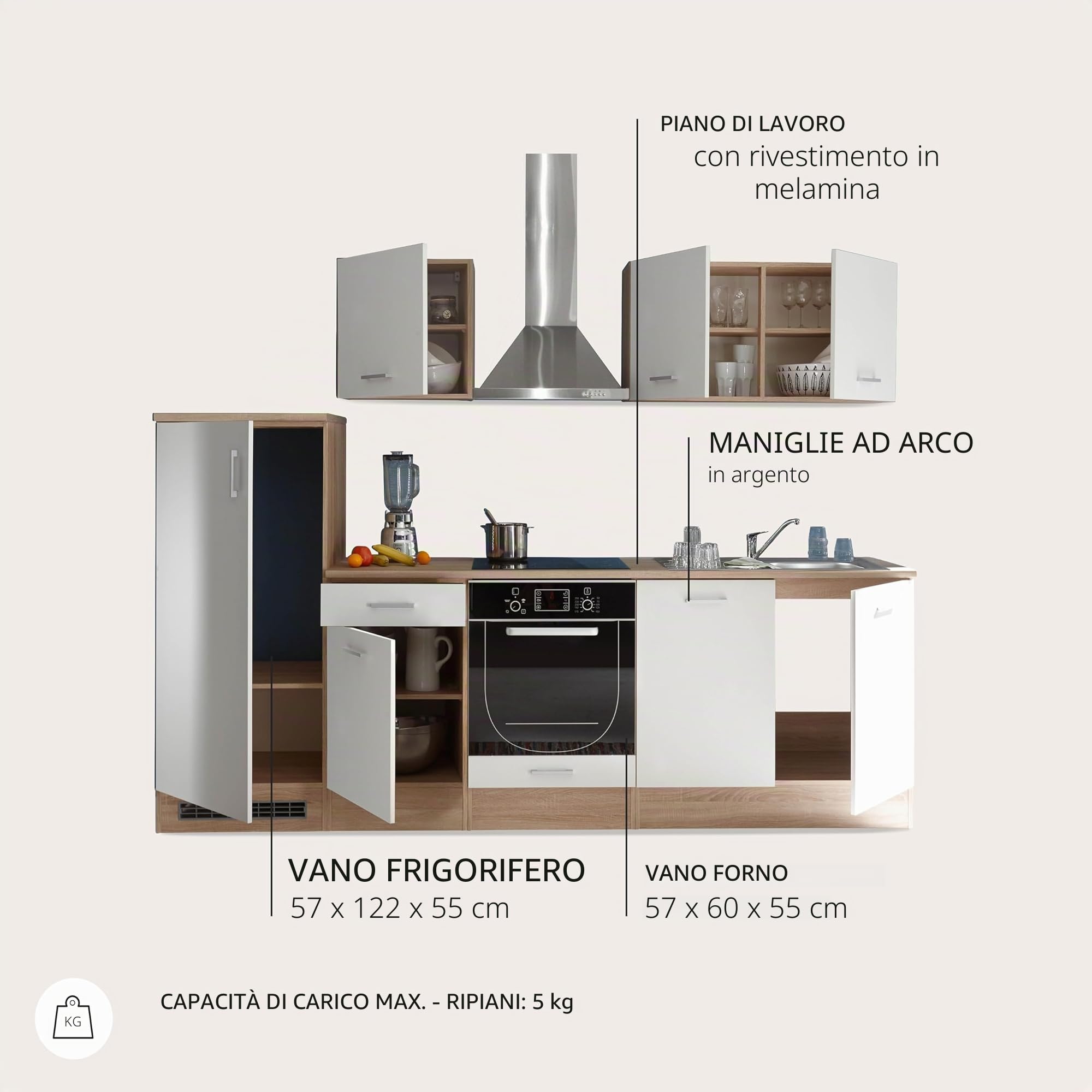 Stella Trading ANDY Mobile da cucina moderno senza elettrodomestici Rovere Sonoma, Bianco opaco, Cucina componibile spaziosa con tanto spazio, 270 x 195 x 60 cm