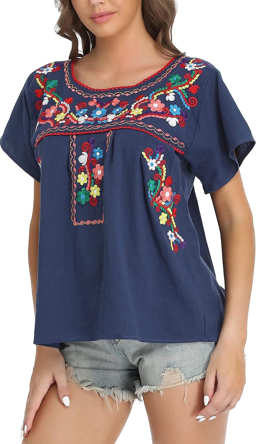 YZXDORWJ Women's Embroidered Mexican Peasant Blouse Mexico Summer Shirt Short Sleeve