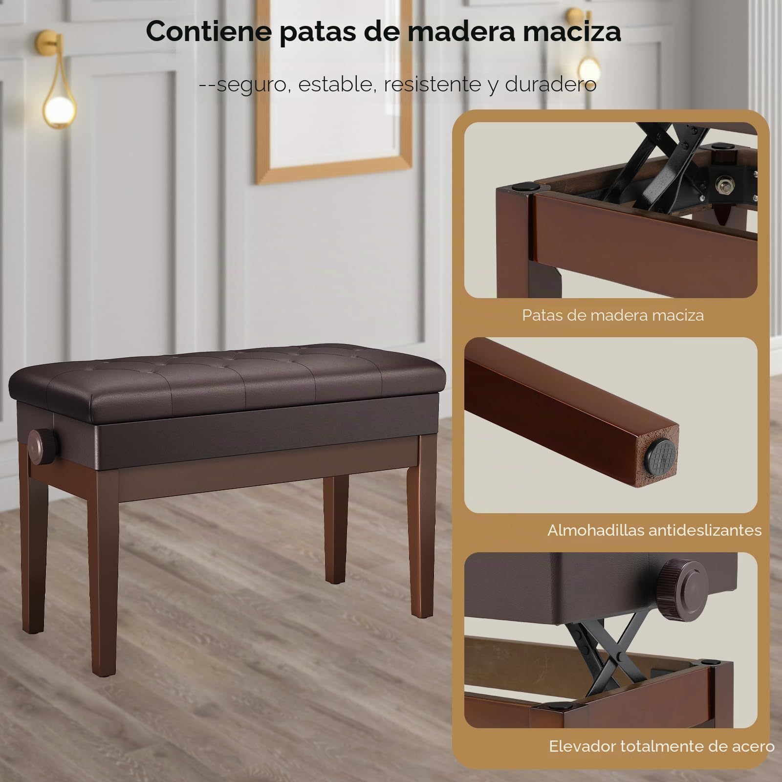 MAMIZO Banqueta Piano Regulable Altura 72x33x58CM, Banco Piano con Espacio Almacenamiento, Silla Piano, Banqueta Piano Carga Máxima 200KG, 4 PCS Patas Piano Madera Maciza, Marrón Oscuro