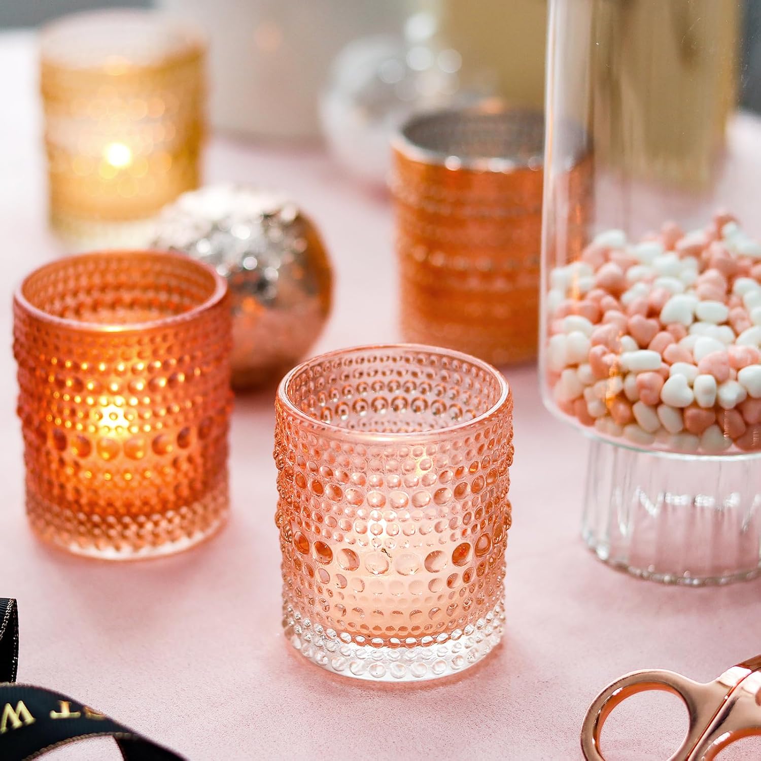WDHODEC Pink Candle Holders Set of 24 - Vintage Hobnail Glass Votive Tealight Holders for Wedding, Valentine's, Party Table Centerpiece Decor