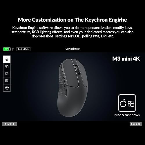 Keychron M3 PAW3395 Mini souris sans fil avec capteur macro programmable 26 000 DPI, 4000 Hz 2,4 GHz Bluetooth 5.1, 55 g, design ergonomique ultra léger – Noir - 3