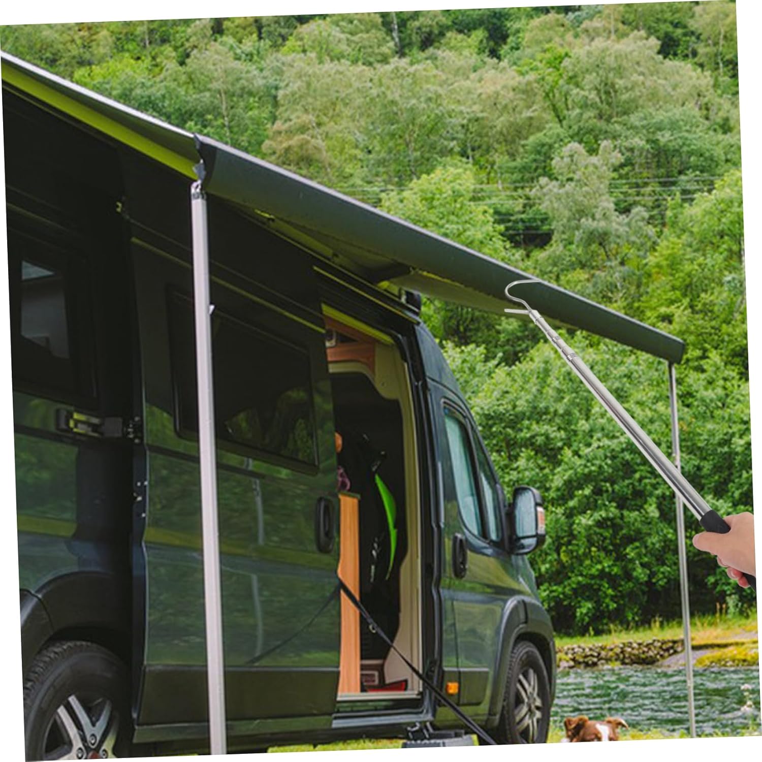 Rv Awning Opener Adjustable Portable Puller Telescoping Reach Rod for Camping Shelters Sunshade Canopy with Quick Extension Compact Storage Durable Design Collapses