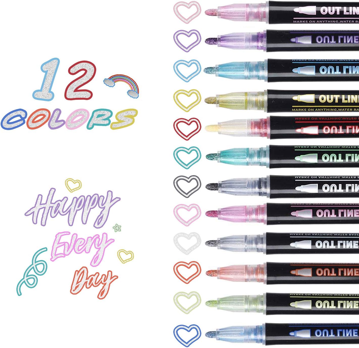 12 Colors Shimmer Outline Markers, Self-Outline Metallic Pen Art Supplies for Teen Girl Birthday Gifts