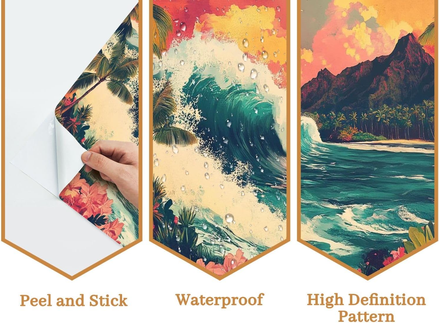 Hawaii Retro Exotic Tropical Ocean Beach Waves Landscape Vintage Wall Mural Peel & Stick Wallpaper Removable Self-Adhesive Large Wall Sticker Wall Decor for Bedroom Living Room Nursery 100"x144"