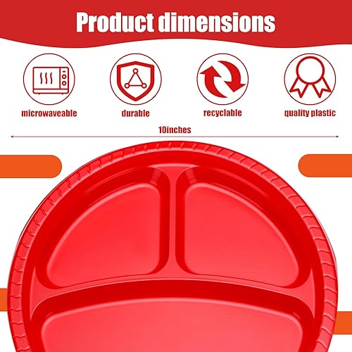 Miniatura 3 de Umigy 100 Piezas Platos de Plástico Divididos de 10 Pulgadas 3 Compartimentos a Granel Coloridos Desechables Heavy Duty Redondos Vajilla para San