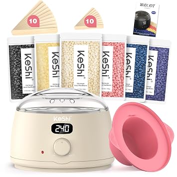 KeShi Waxing Kit for Women and Men, Digital Wax Warmer with 6 Bags Hard Wax Beads, at-Home Hair Removal Wax Kit for Full Body, Face, Eyebrow, Bikini, Legs, Brazilian & Sensitive SkinSilky Cream